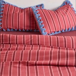 Striped Coral Red Cotton Bedding Set with Blue Trim